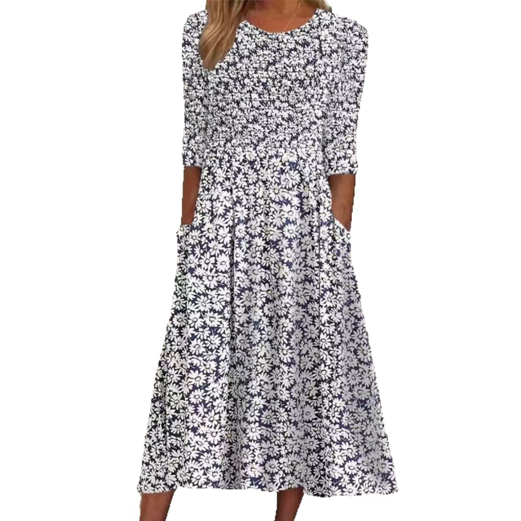 Women's Printed Round Neck Pocket Casual Dress