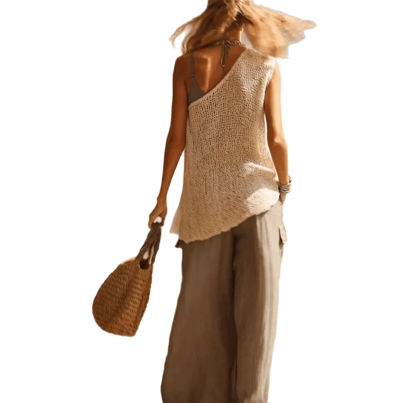One-Shoulder Cutout Knit Top with Gray Tank and Cotton-Linen Jumpsuit Two-Piece Set