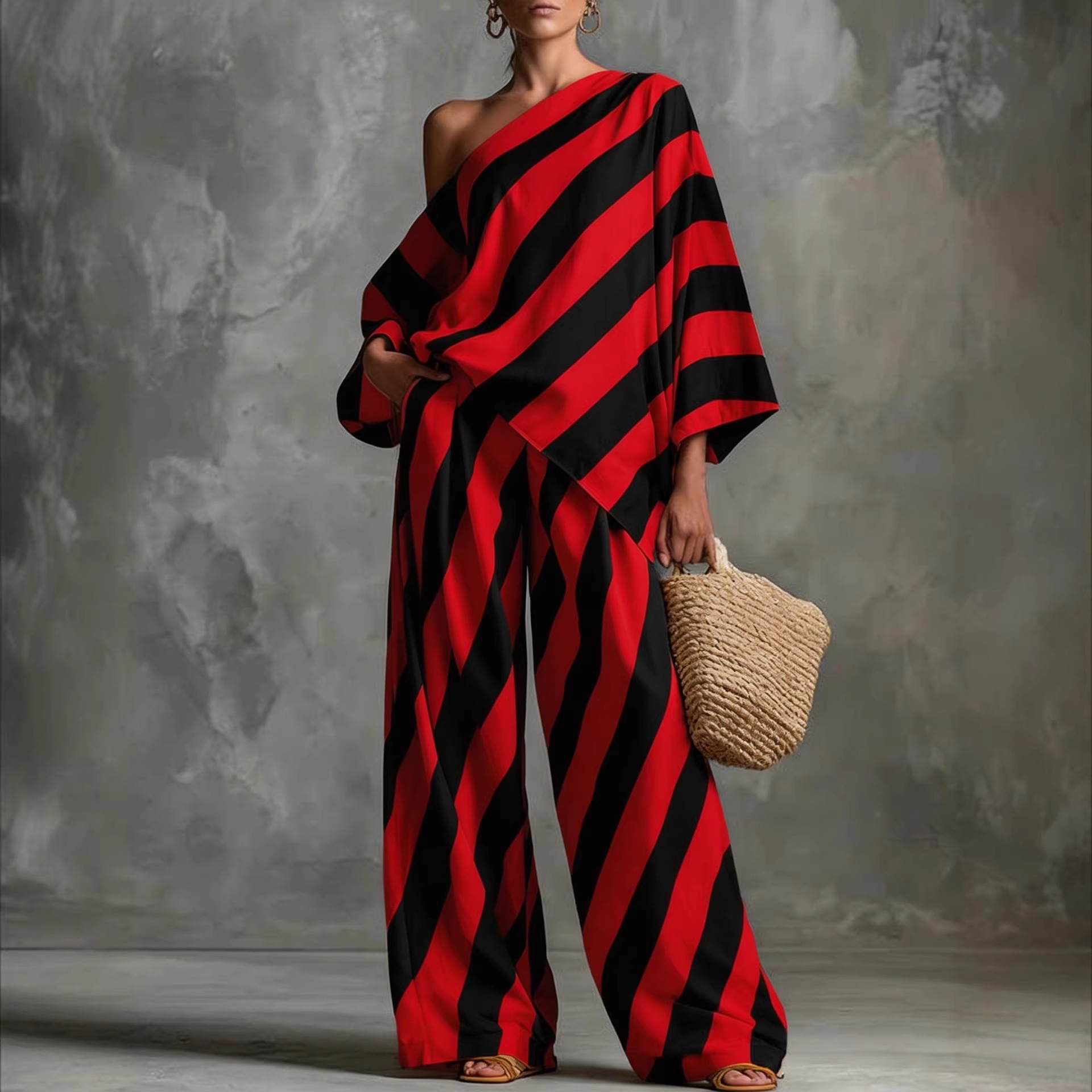 Lazy Chic Retro Striped Print Top and Wide-Leg Pants Two-Piece Set