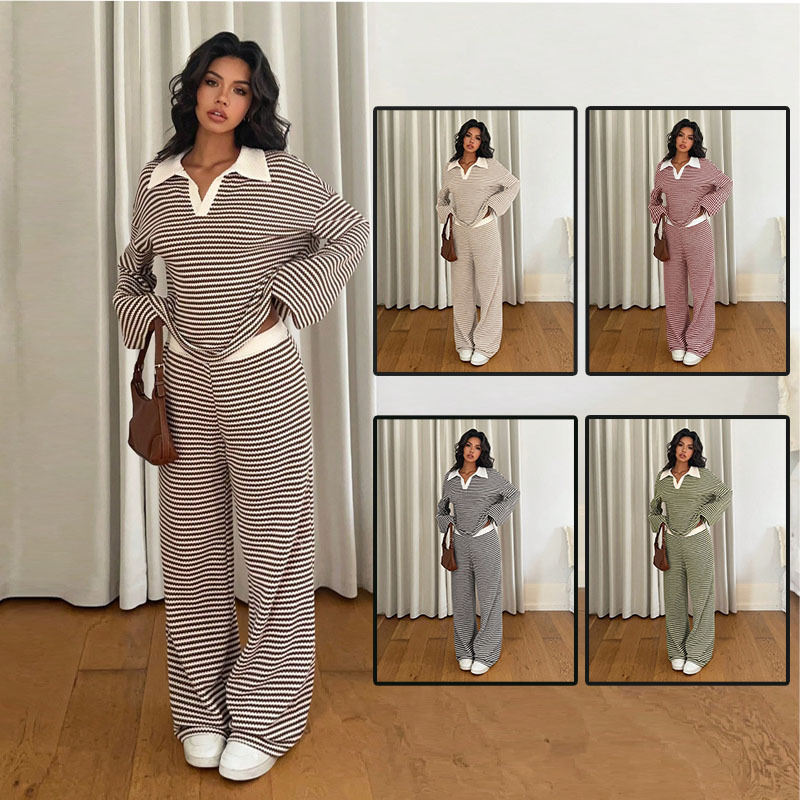Striped Textured Polo Long Sleeve Top & High-Waist Wide-Leg Pants Set