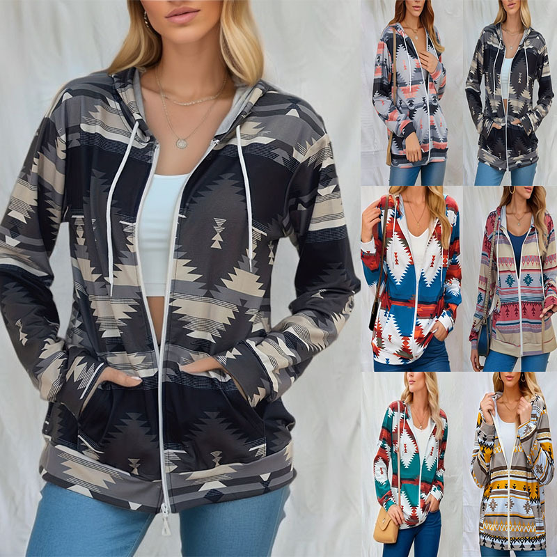 Colorblock Print Hooded Zip Jacket Loose Fit Long Sleeve