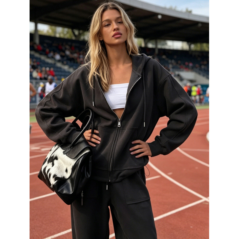 Solid Color Zip-Up Hoodie and Wide-Leg Drawstring Pants Two-Piece Set