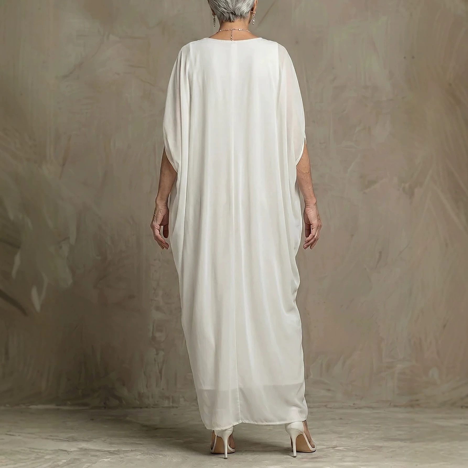 Button Waist Batwing Sleeve V-Neck Midi Dress