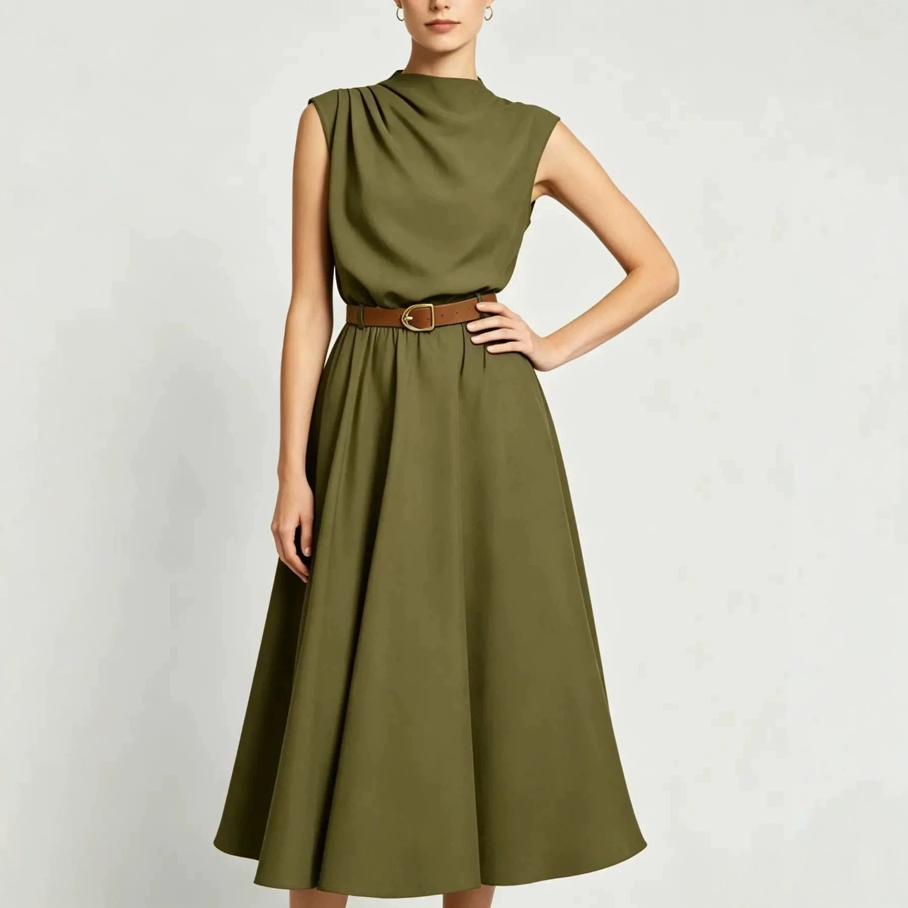 High Neck Sleeveless A-Line Midi Dress with Side Ruching and Belt