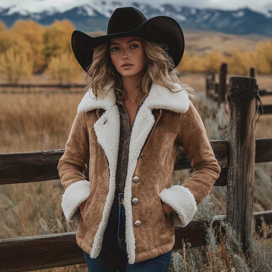Fleece-Lined Western Patchwork Jacket with Pockets