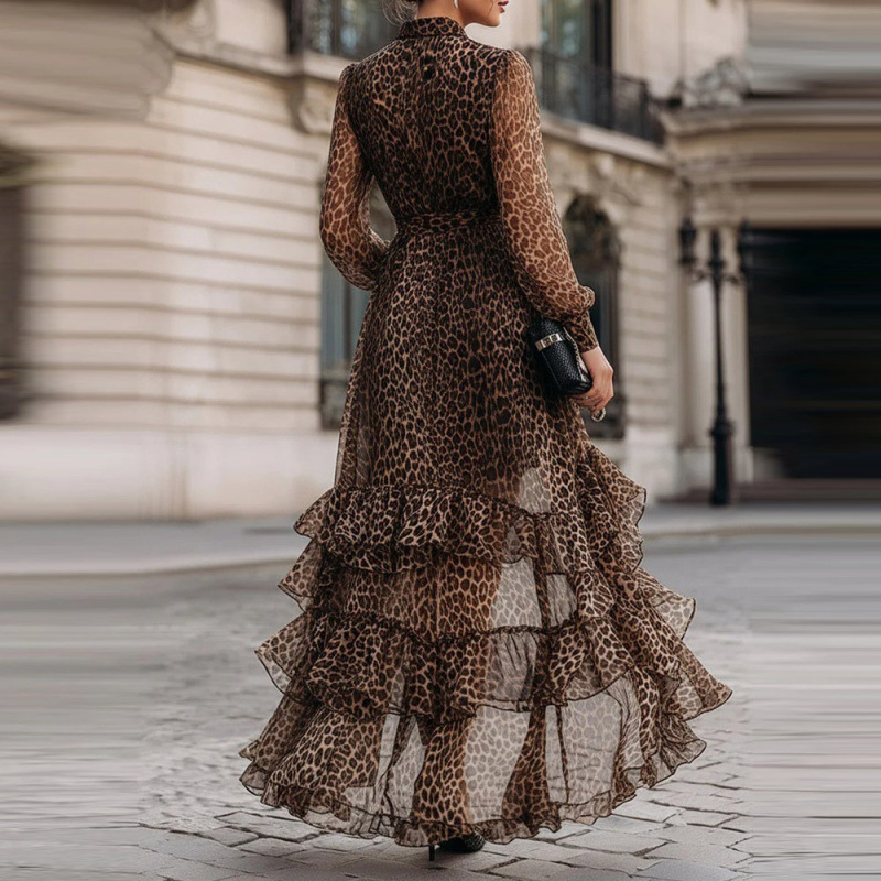 Leopard Print V-Neck Long Sleeve Ruched Waist Ruffle Dress