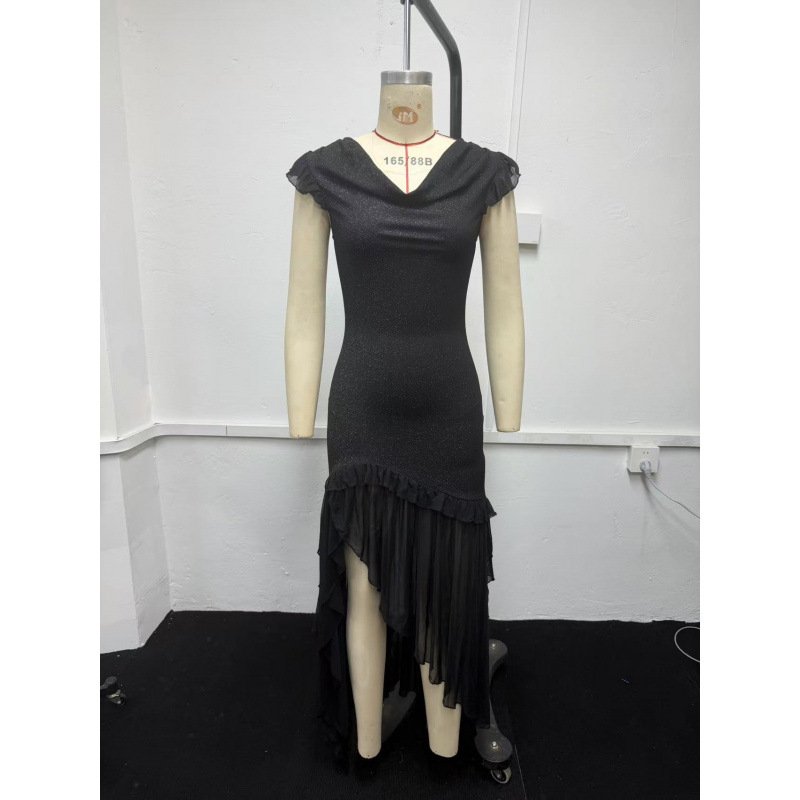 Asymmetric Mermaid Ruffle Mesh Dress with Sweetheart Neck and Flutter Sleeves