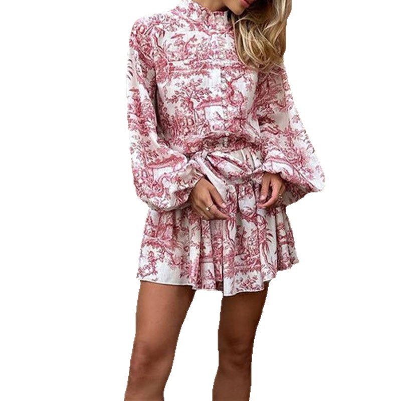 Elegant Long-Sleeve Tie-Front Dress with Traditional Print
