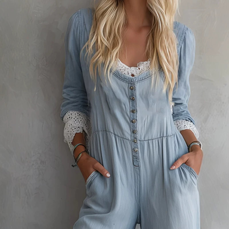 Light Blue Colorblock Trim Long Sleeve Wide Leg Jumpsuit