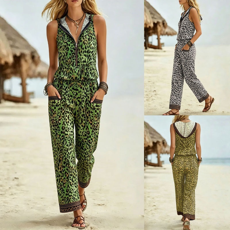 Plus Size Leopard Print Hooded Sleeveless Vest and Wide-Leg Pants Set