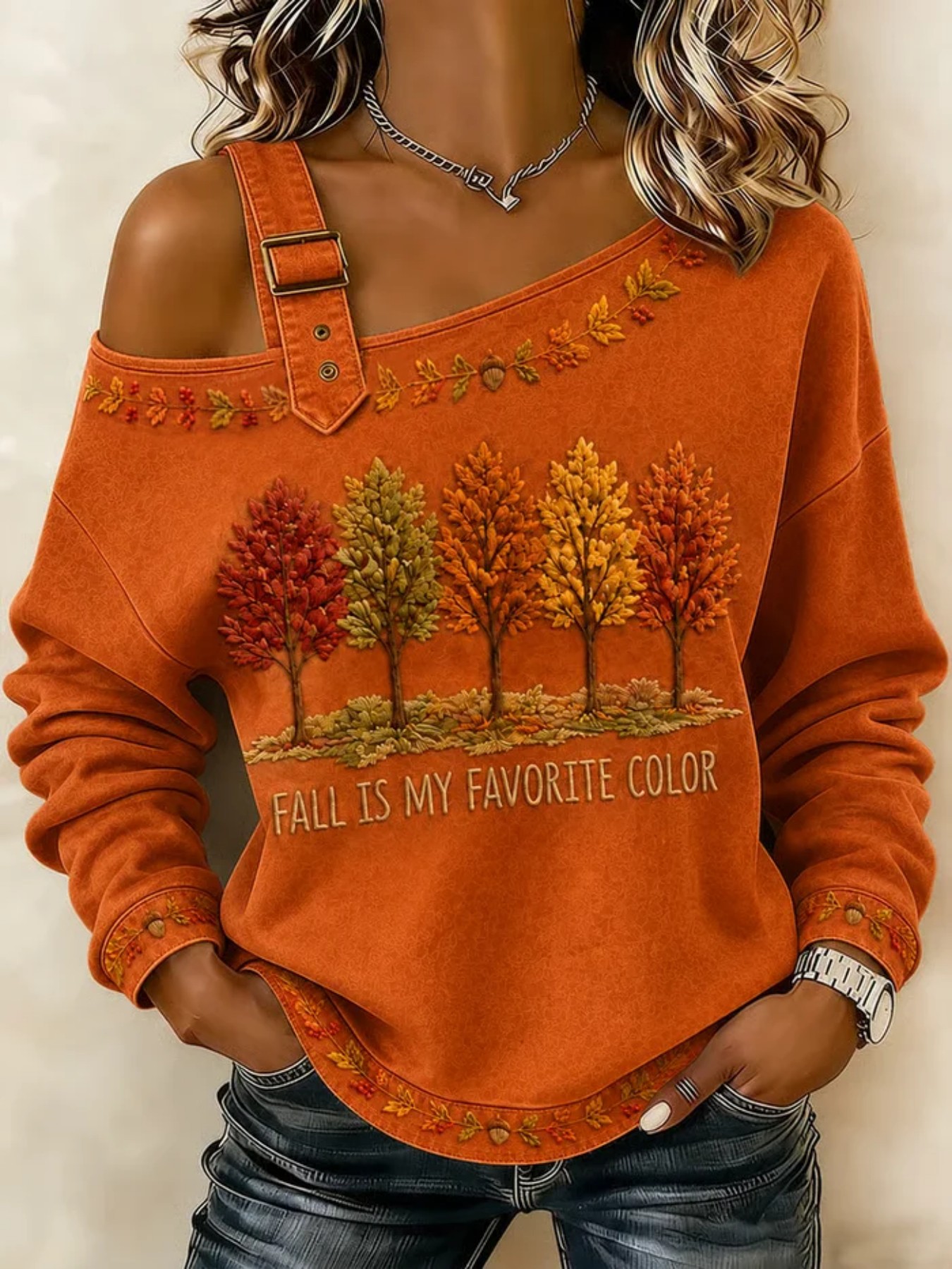 Maple Leaf Letter Floral Print Crewneck Long Sleeve Lace-Up Sweatshirt