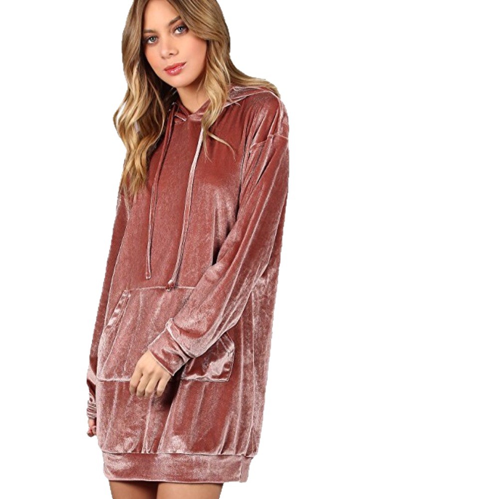 Velvet Hooded Sweatshirt Dress Oversized Pullover