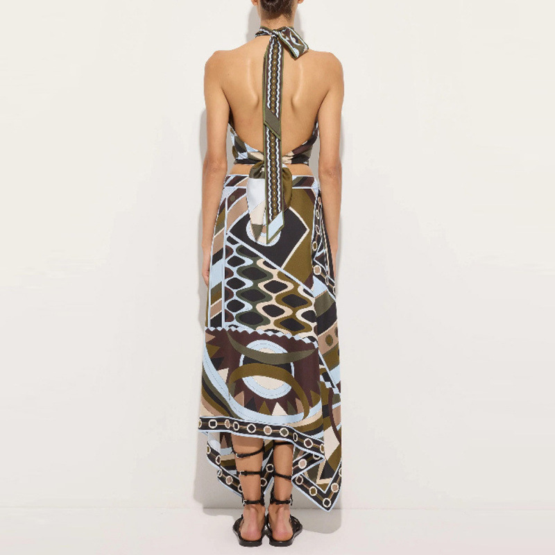 Women's Summer Printed Halter Two-Piece Set with Irregular Midi Skirt