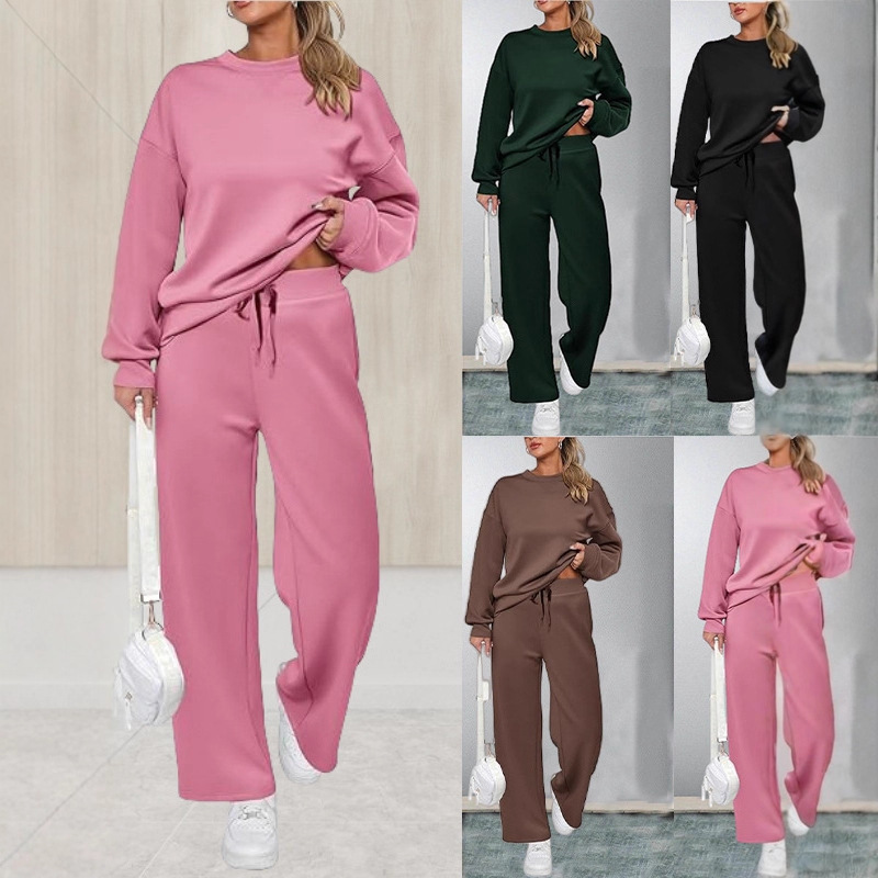 Women's Two-Piece Knit Set Long Sleeve Wide-Leg Tie Pants with Pockets