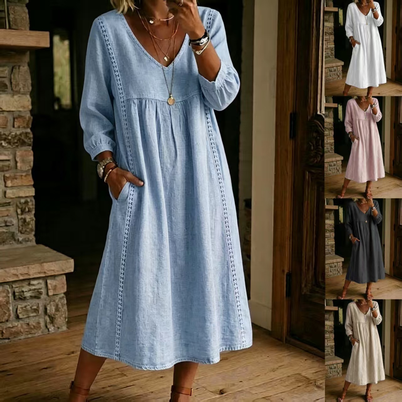 Solid V-Neck Lace-Trim A-Line Midi Dress
