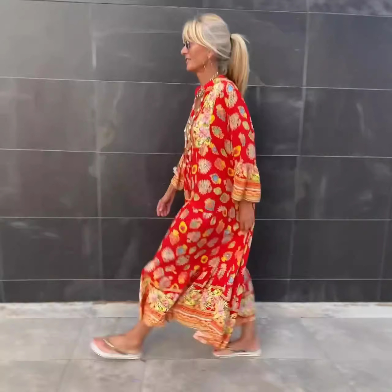 Women's Floral Print V-Neck Long Sleeve Maxi Dress with High Waist and Flared Skirt