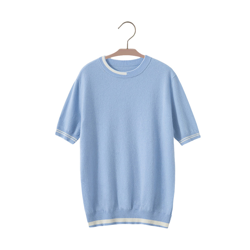 Color-Block Crewneck Short-Sleeve Knit Sweater