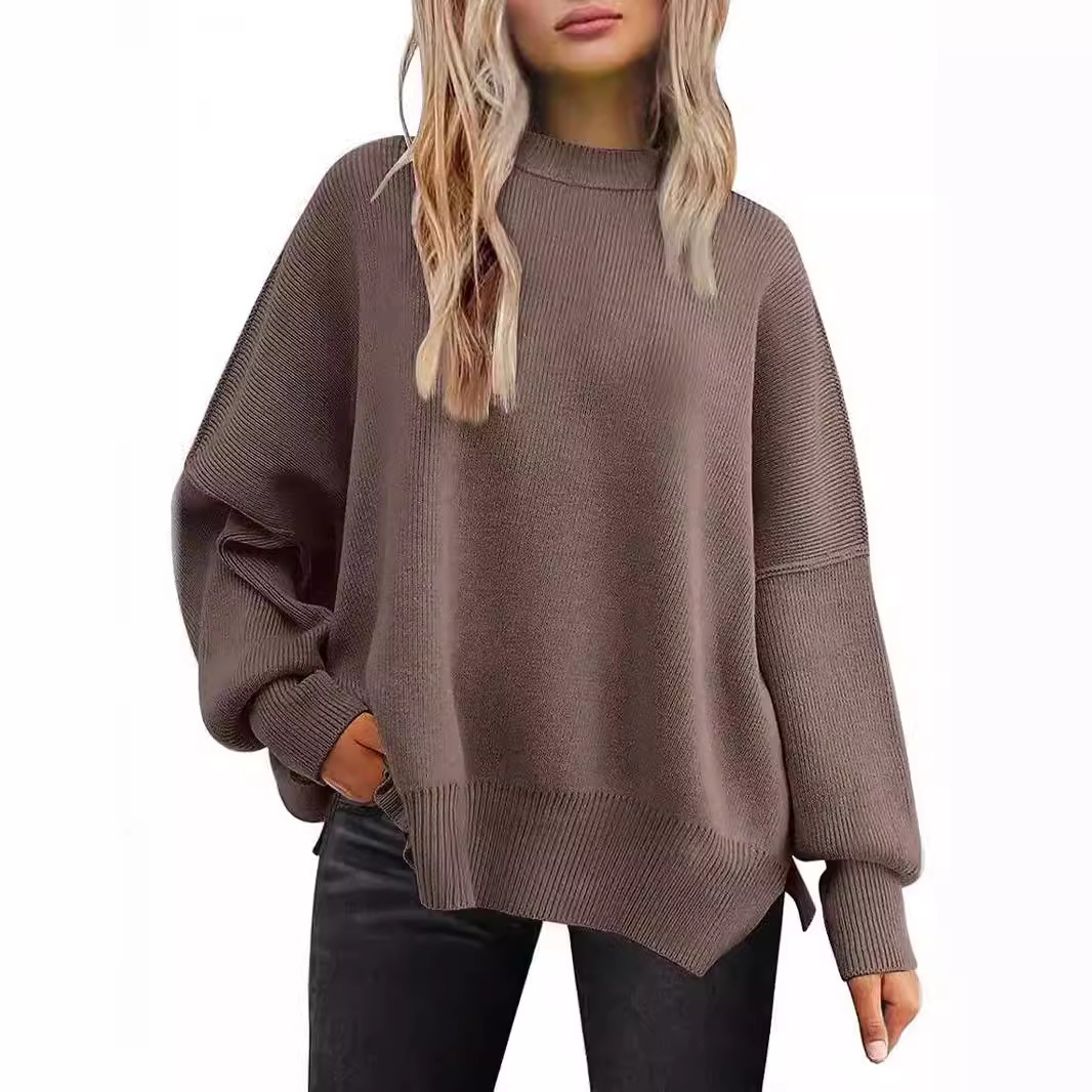 Women's Crewneck Batwing Sleeve Side Slit Loose Knit Sweater