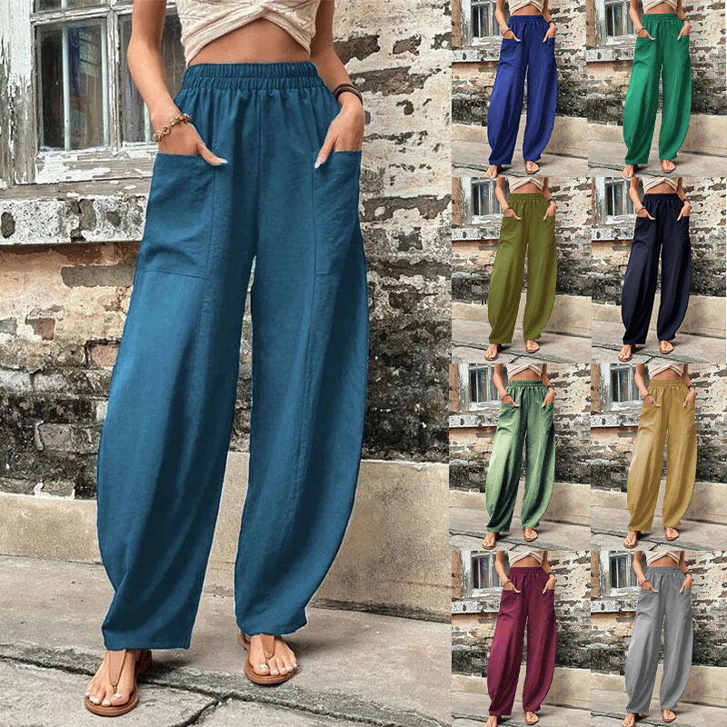 Women's Solid Color Casual Pants with Pockets Elastic Waist Long Trousers