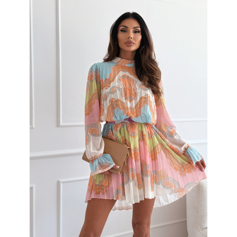 Fashion Printed Stand Collar Pleated Long Sleeve Dress for Women