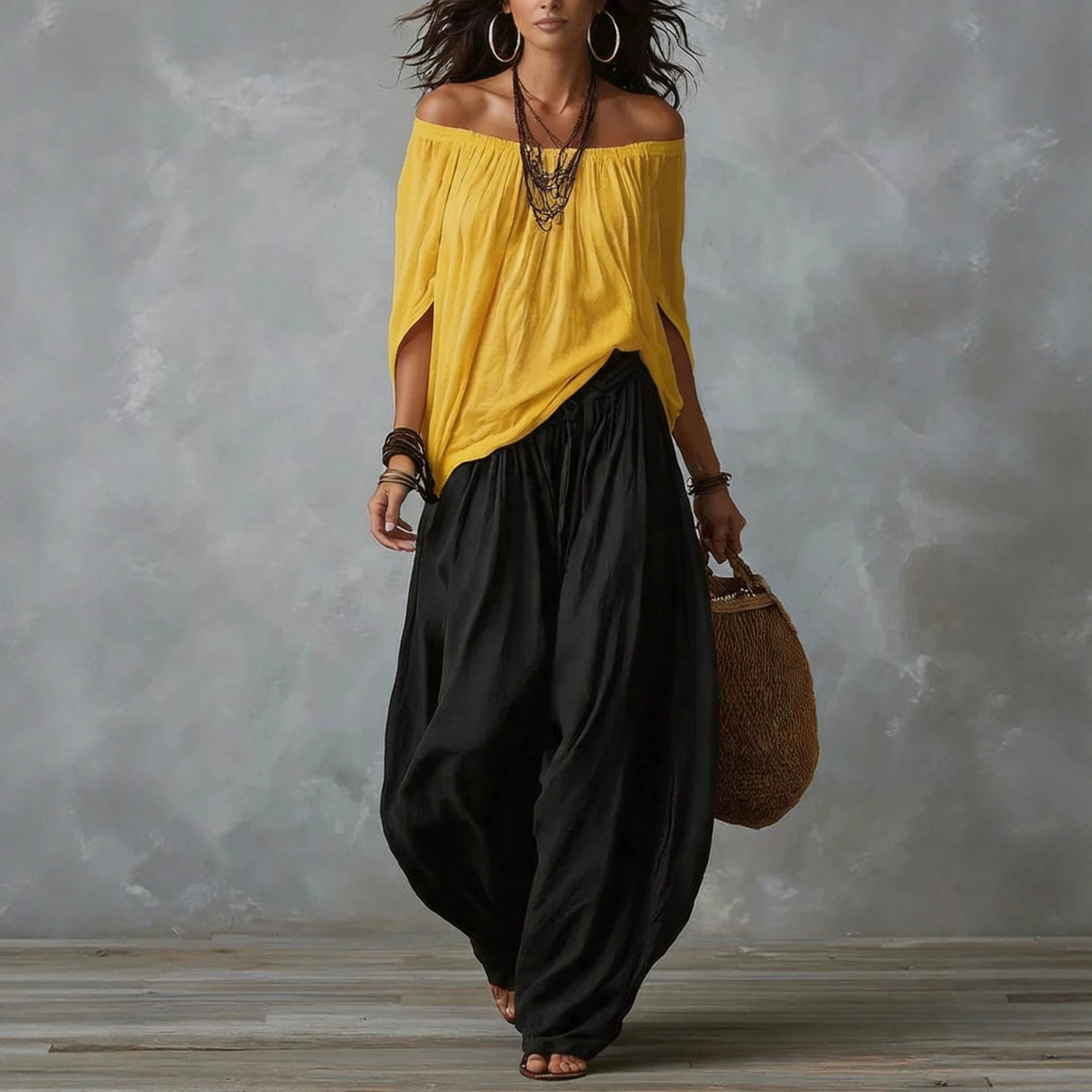 Women's Casual Solid Off-Shoulder Top and Lantern Pants Set
