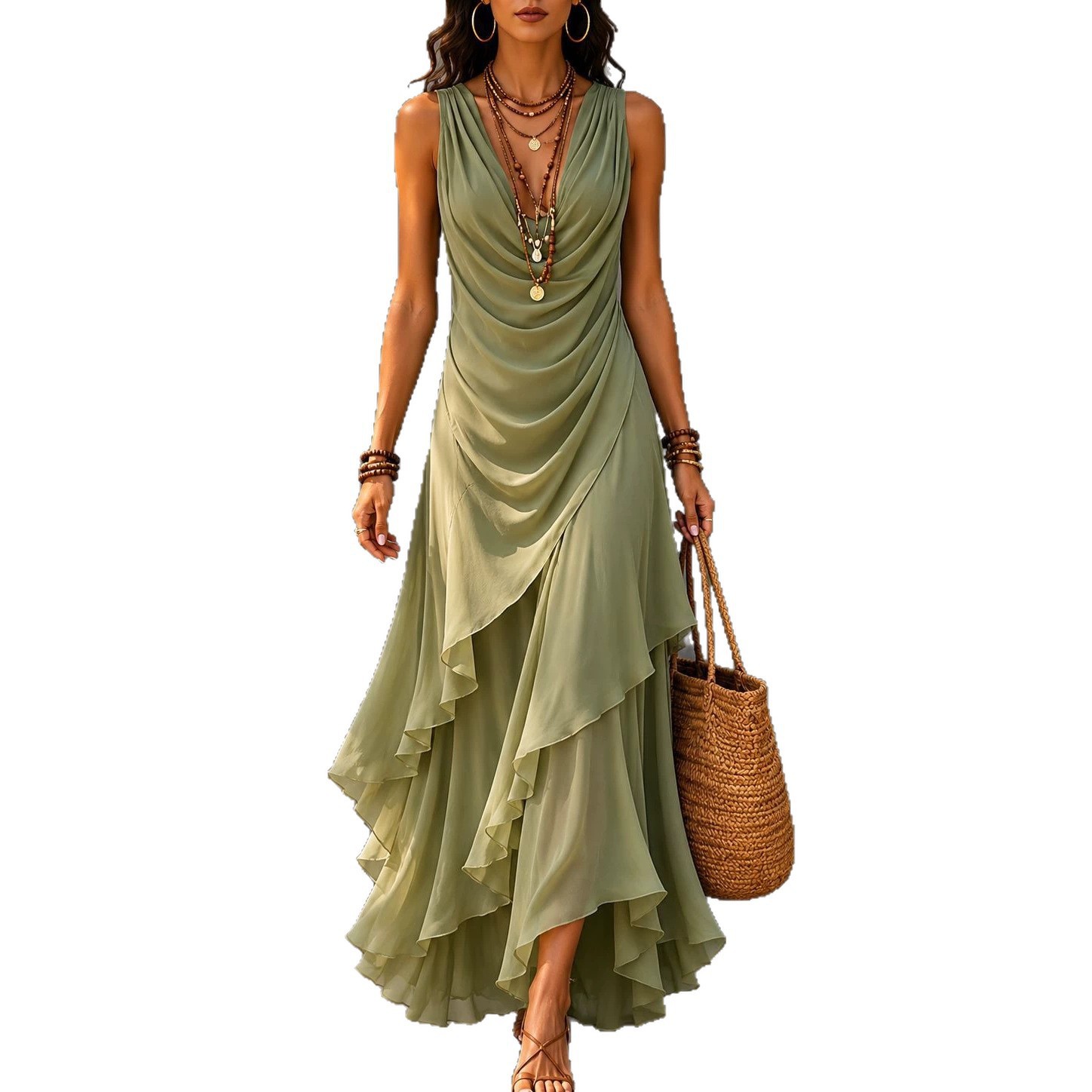 Sleeveless V-Neck Chiffon Dress with Ruffle Asymmetrical Hem