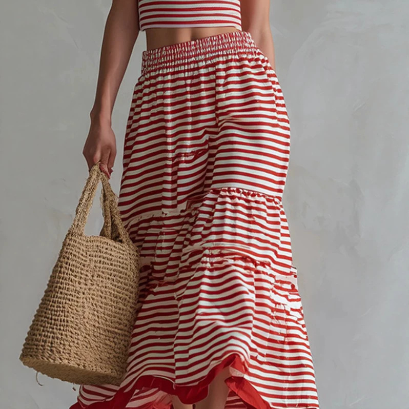 Retro Red Striped Sleeveless Top and Skirt Set