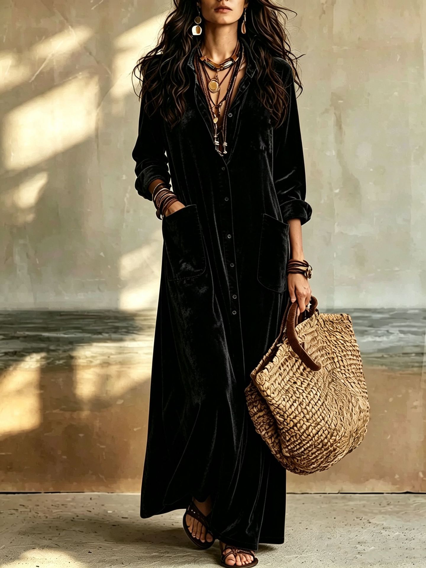 Boho Velvet Long Shirt Dress Solid Color Loose Fit