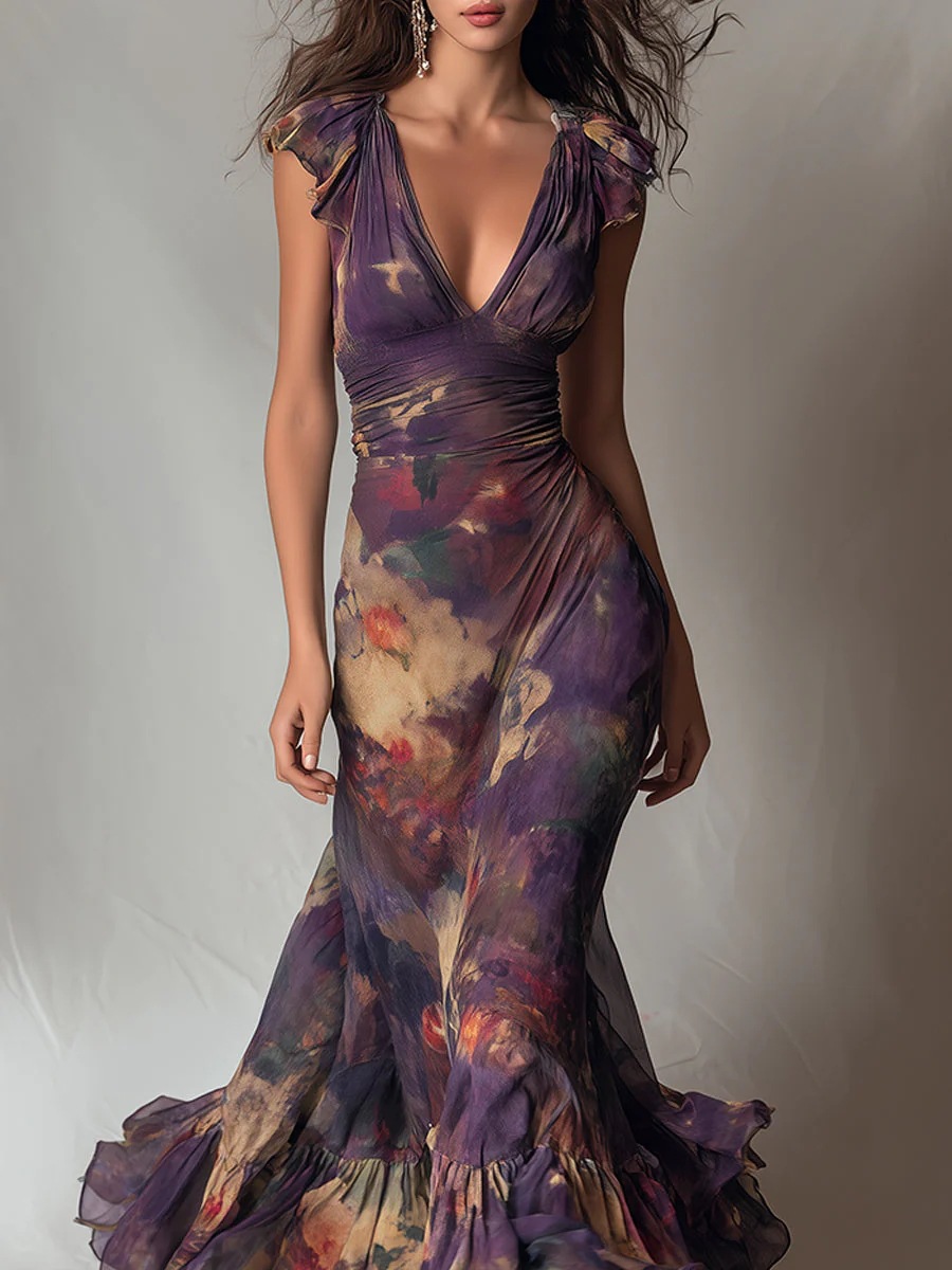 Deep V Ruffled Sleeve Purple Tie-Dye Print Mermaid Maxi Dress