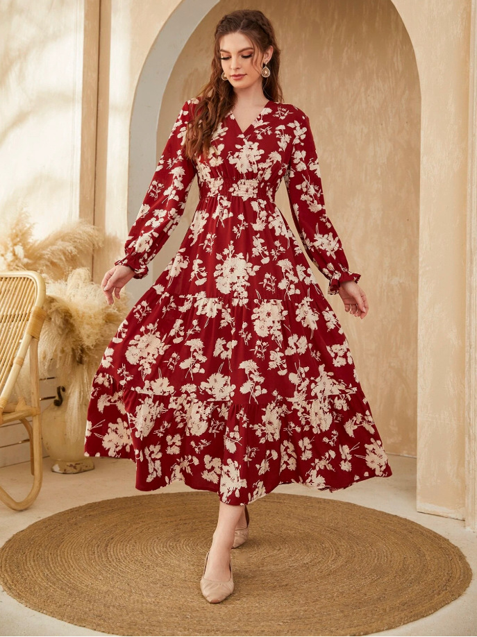 Women's Floral Tiered Maxi Dress Long Sleeve V-Neck