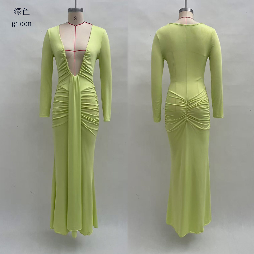 Elegant Solid Deep V-Neck Waist-Cinching Ribbon Mermaid Long Sleeve Dress