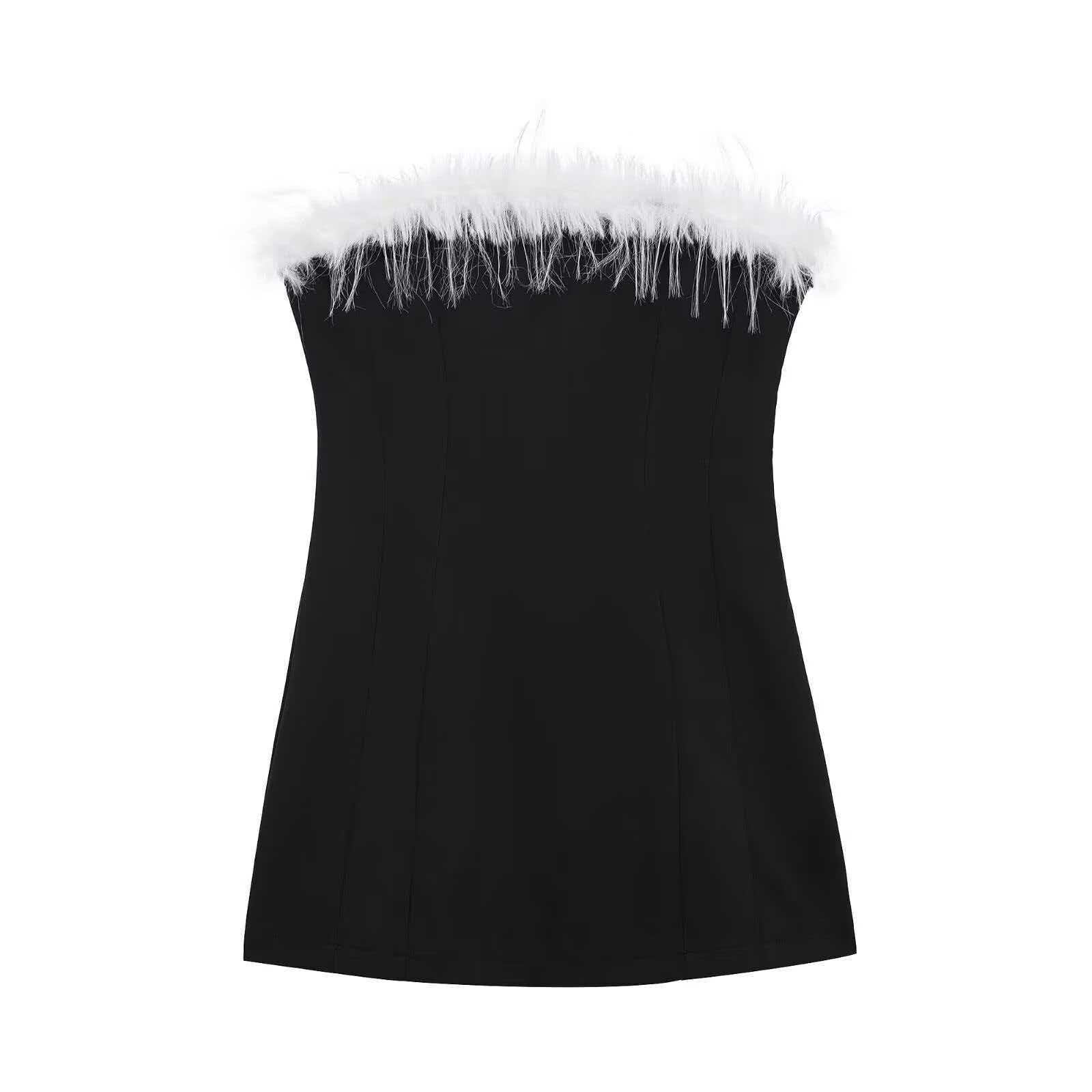 Black Feather Trim Bodycon Mini Dress Sleeveless Strapless