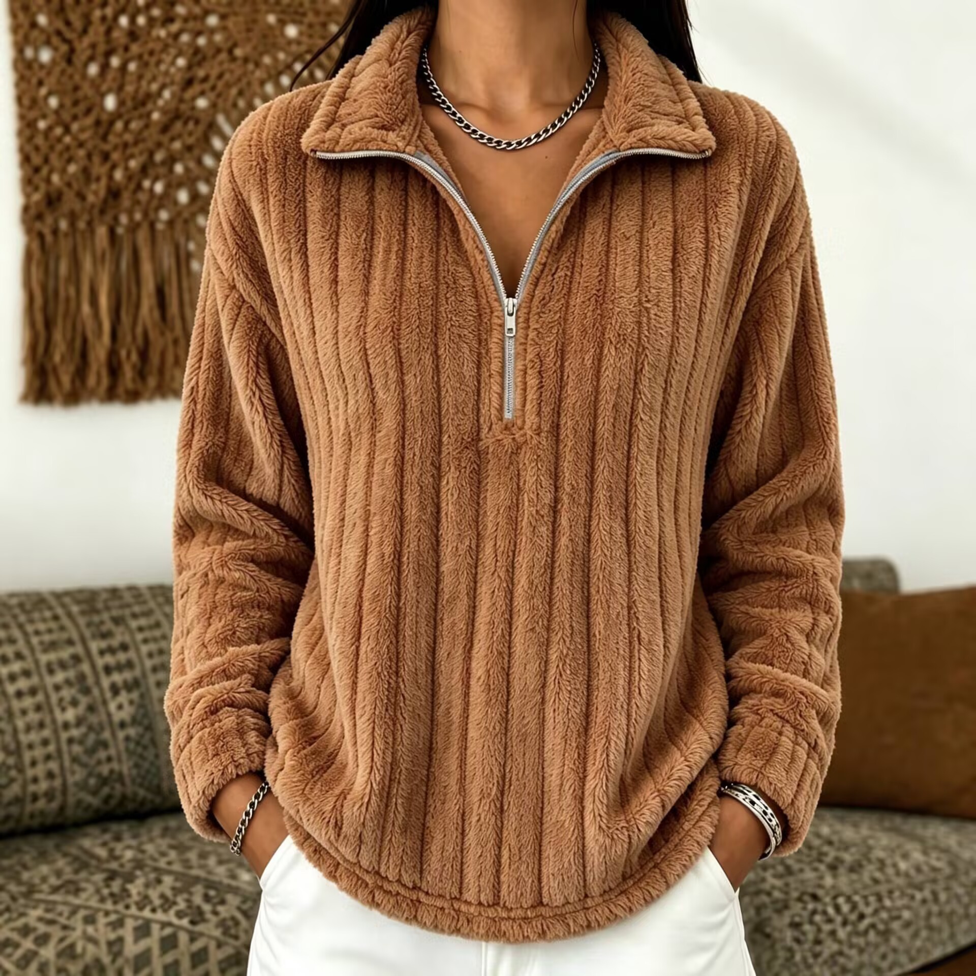 Women's Half-Zip Fleece Pullover Stand Collar Loose Fit Long Sleeve Warm Sweatshirt