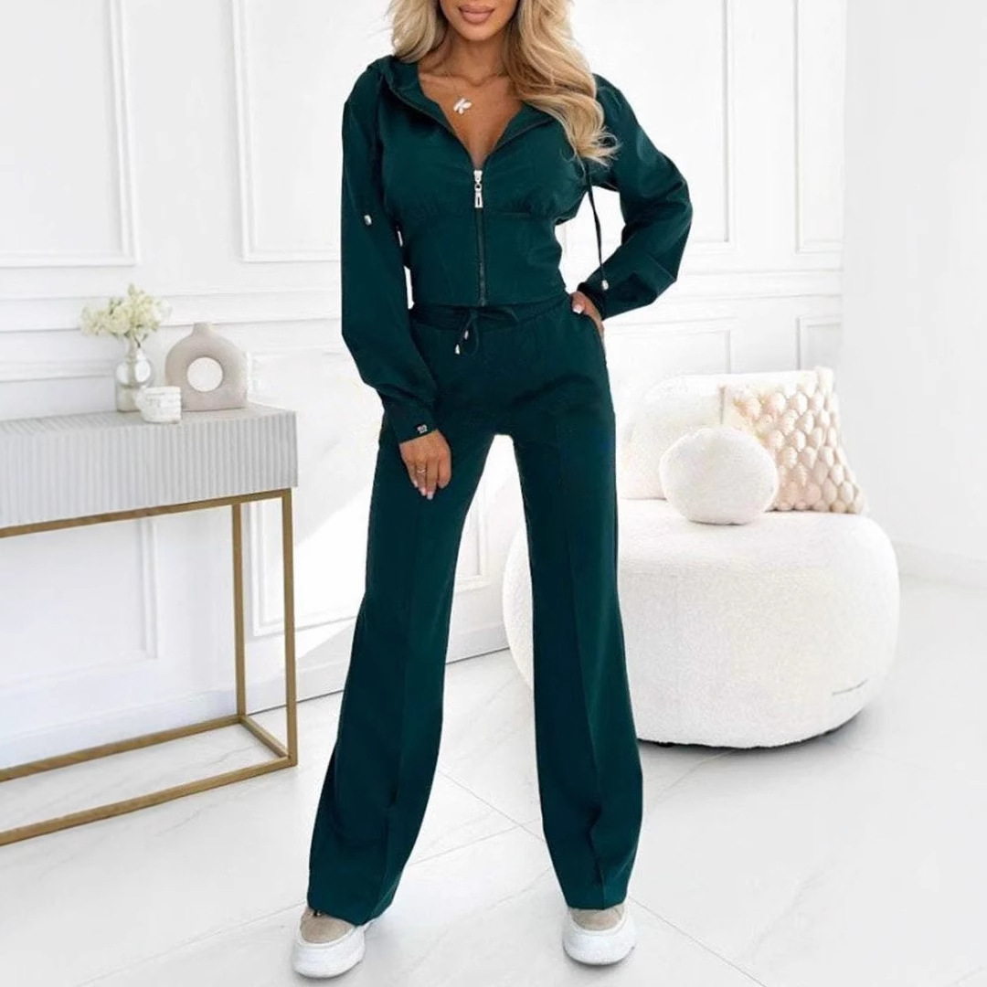 Hooded Zip-Up Jacket and Pants Two-Piece Set Slim Fit Solid Color