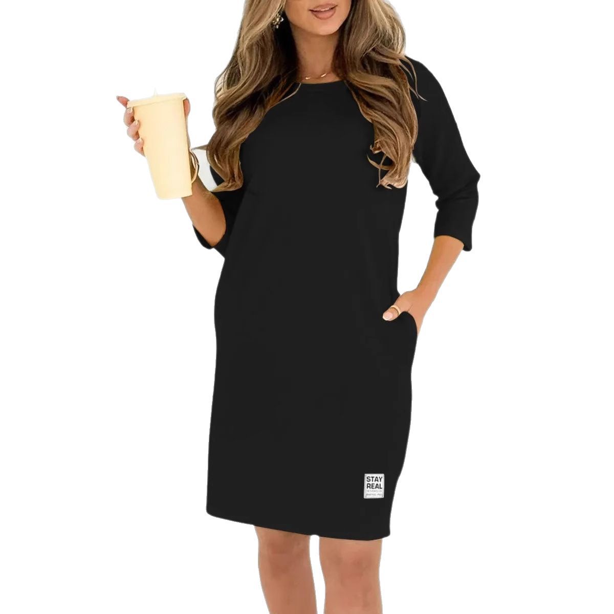 Women's Solid Crewneck Long Sleeve Loose Casual Midi Dress