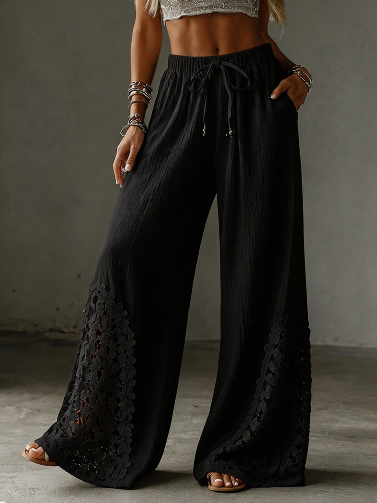 Women's Solid Lace Pocket Drawstring Wide-Leg Pants