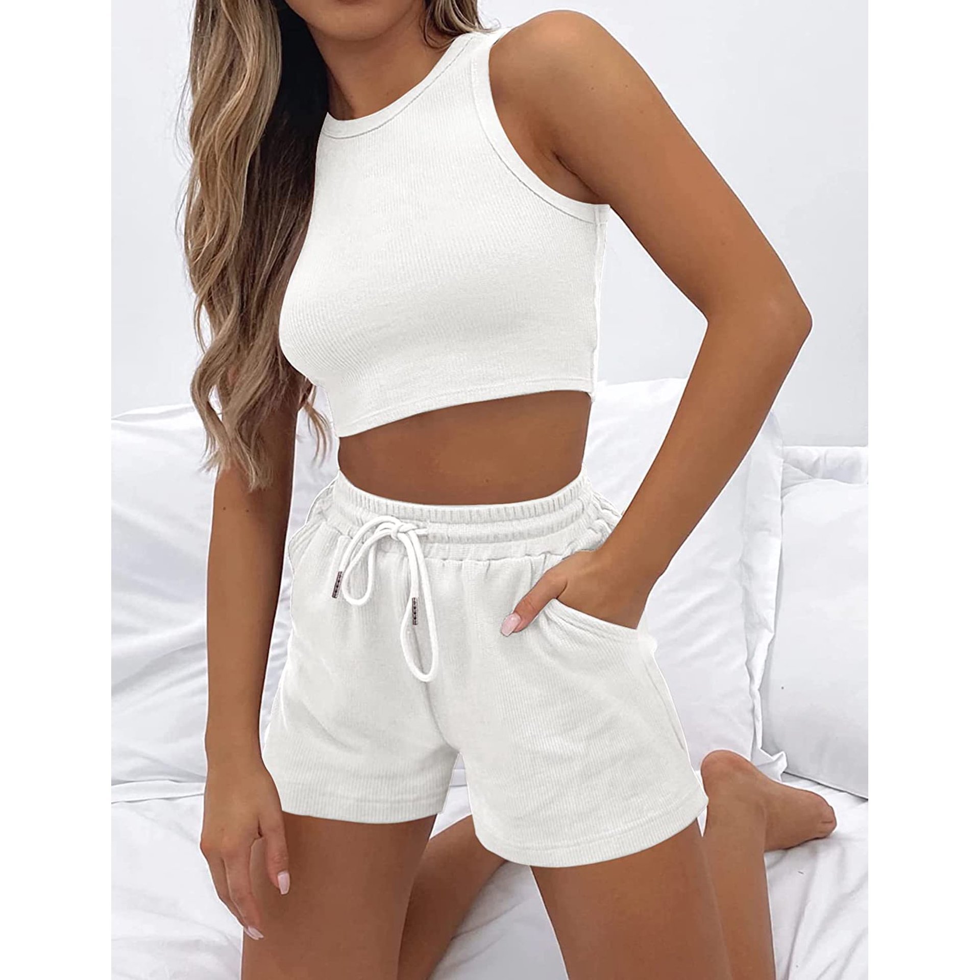 Women's Sleeveless Waffle Knit Two-Piece Set Solid Color Tank and Shorts
