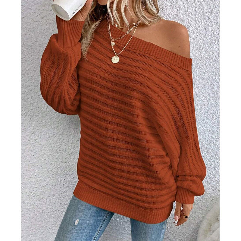 Women's Ribbed Boat Neck Batwing Sleeve Pullover Sweater