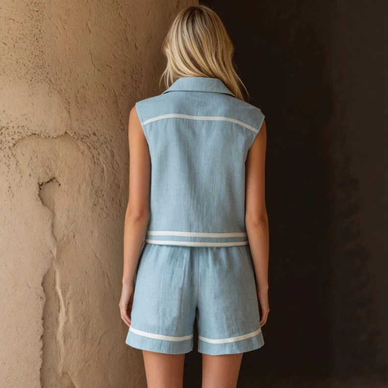 Vintage Cotton-Linen Shirt and Shorts Set