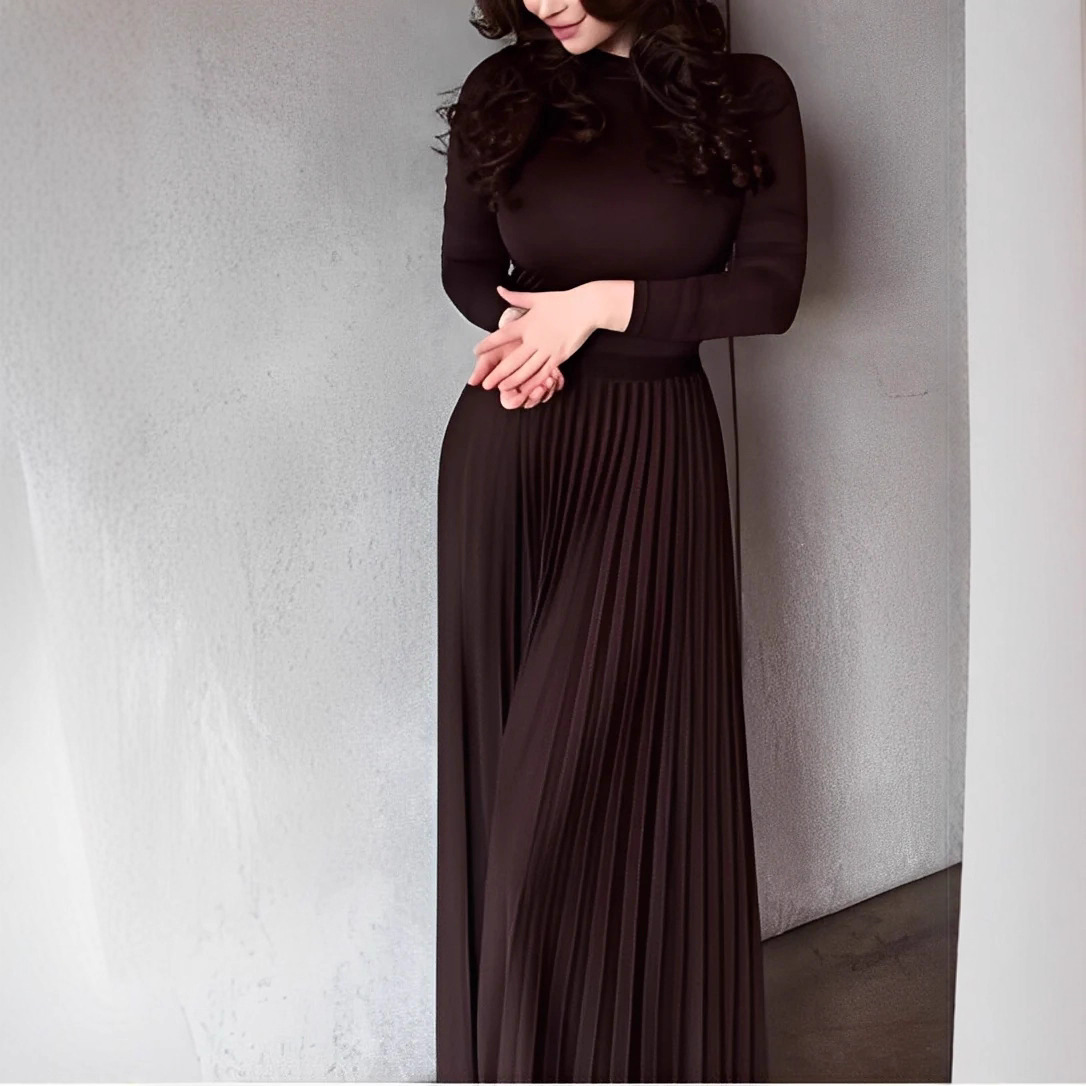 Solid Knit Long-Sleeve Fitted Top and Pleated Maxi Skirt Set