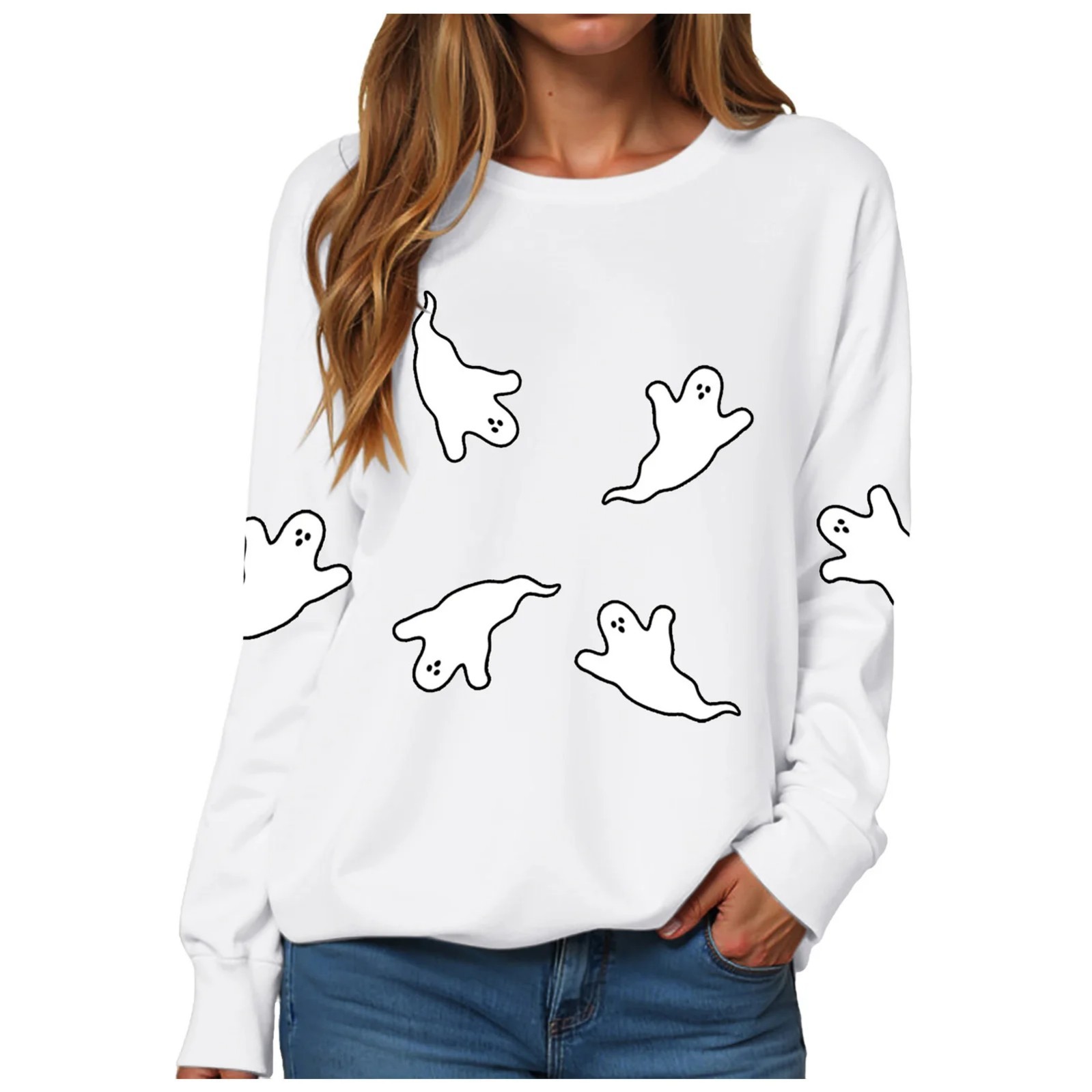 Women's Solid Color Halloween Ghost Crewneck Sweatshirt