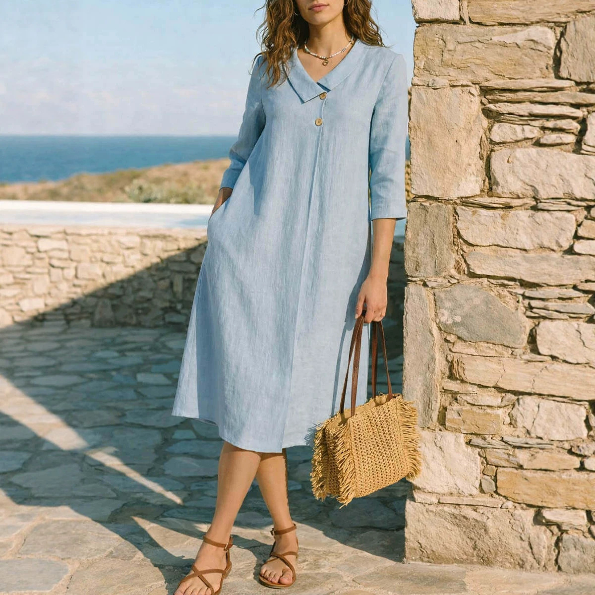 Women's Solid Color French Collar Midi Dress