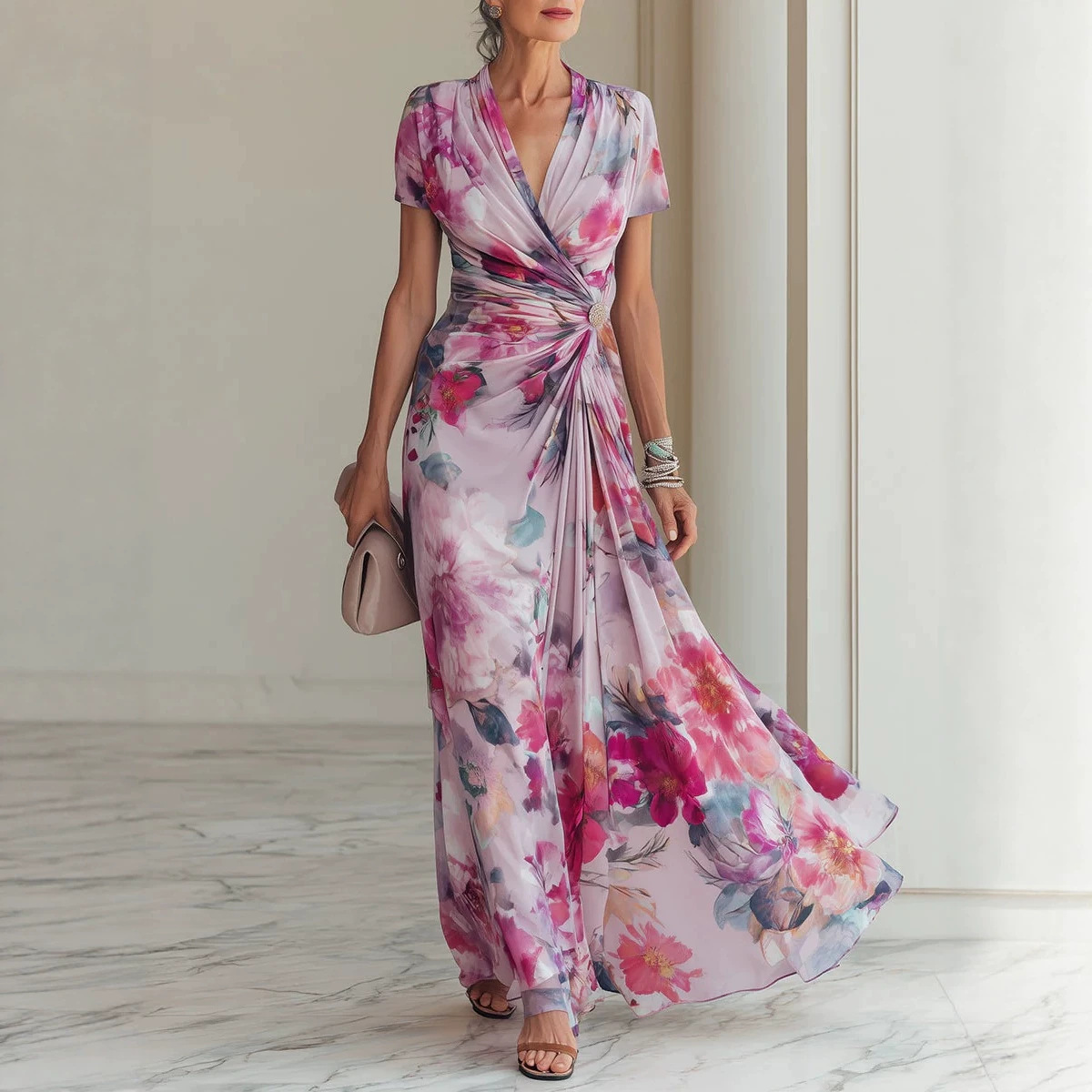 French V-Neck Short Sleeve Watercolor Floral Midi Dress with Twist Waist