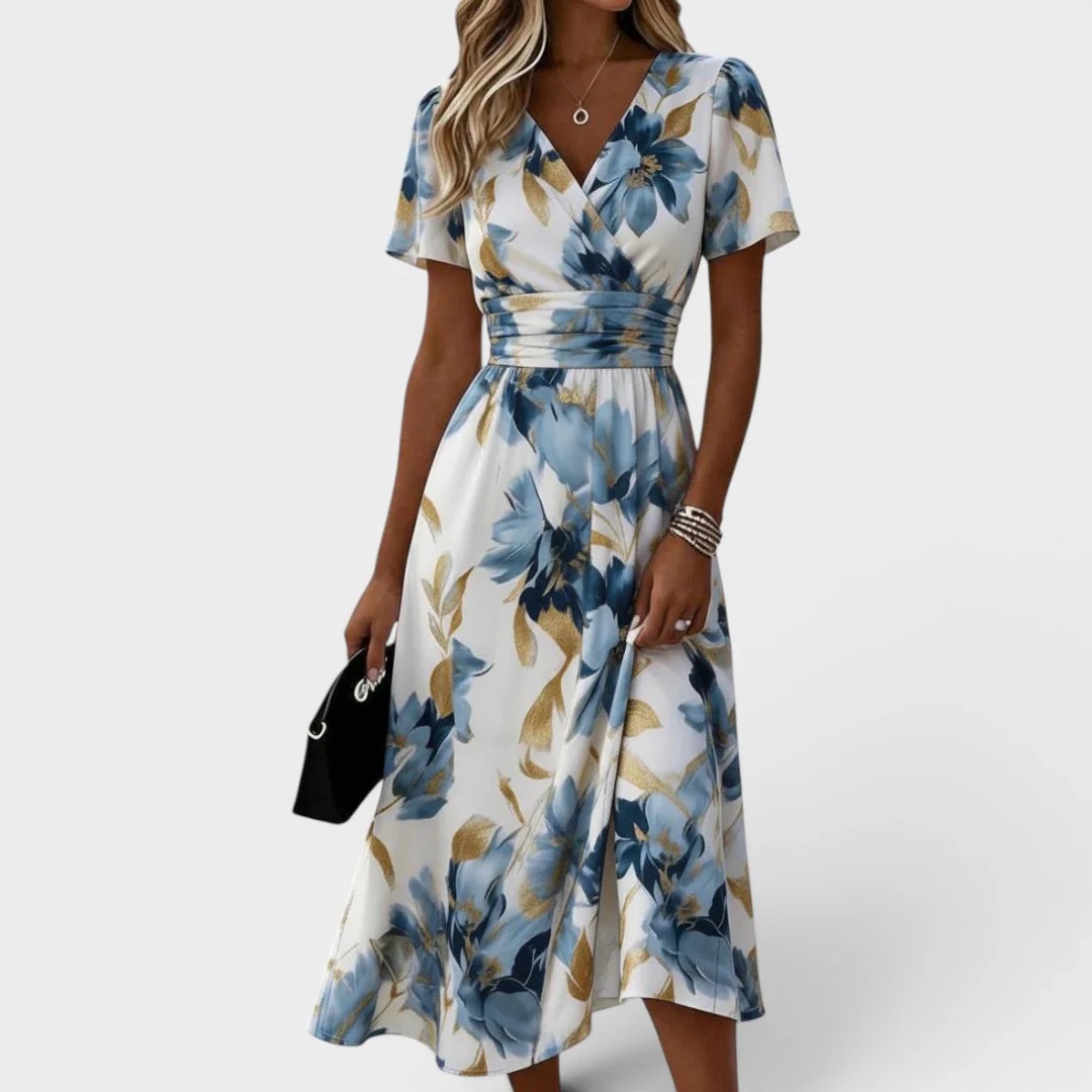 Women's Floral Print V-Neck Short Sleeve Slim Fit Dress