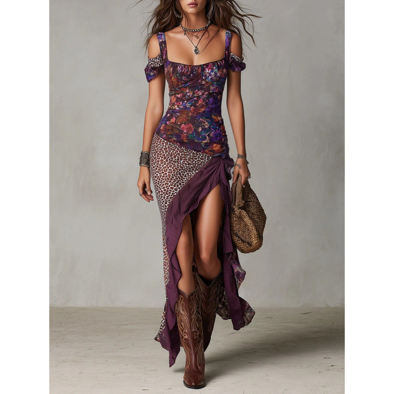 Women's Sleeveless Printed Patchwork Asymmetrical Maxi Dress