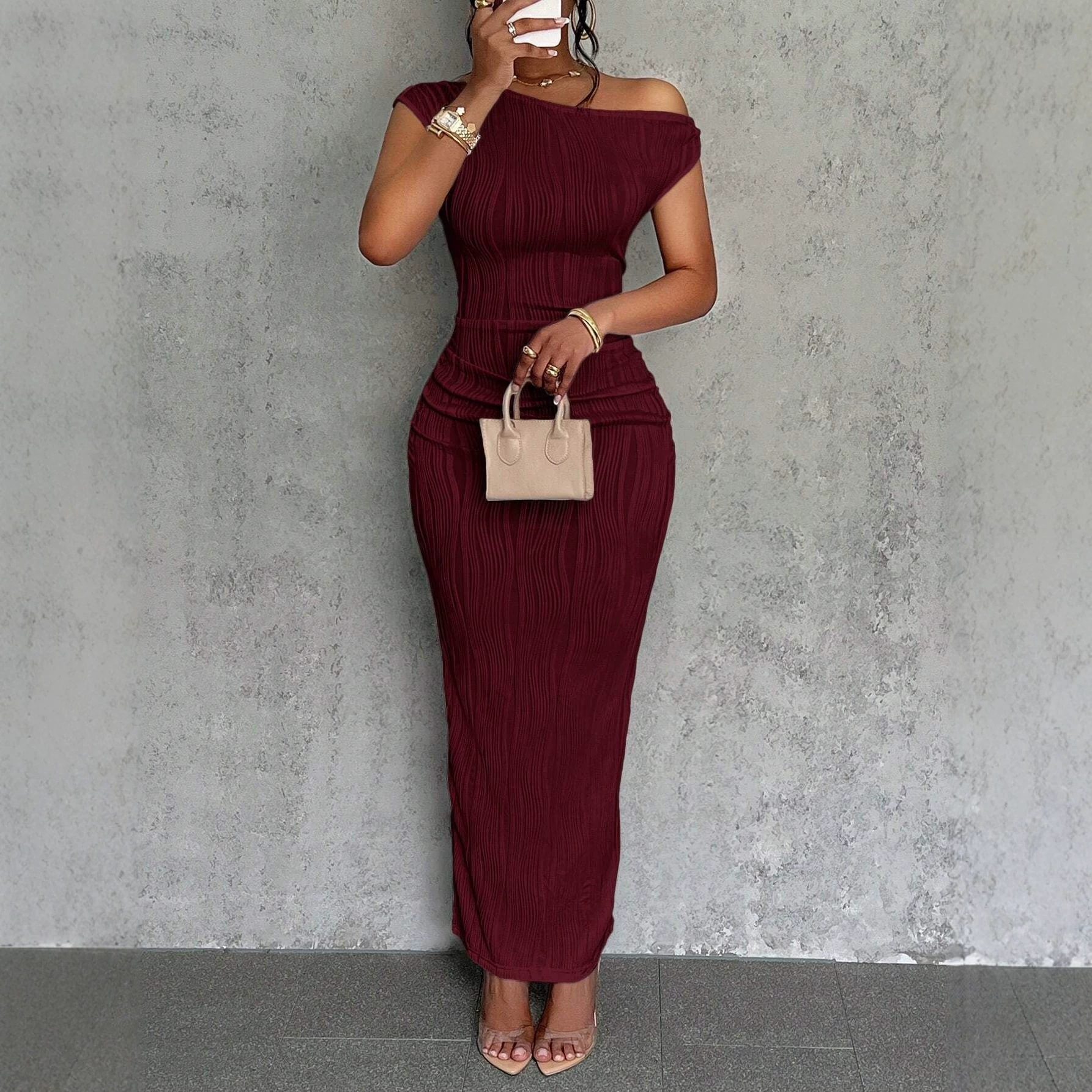 Cute Water Ripple One-Shoulder Dress