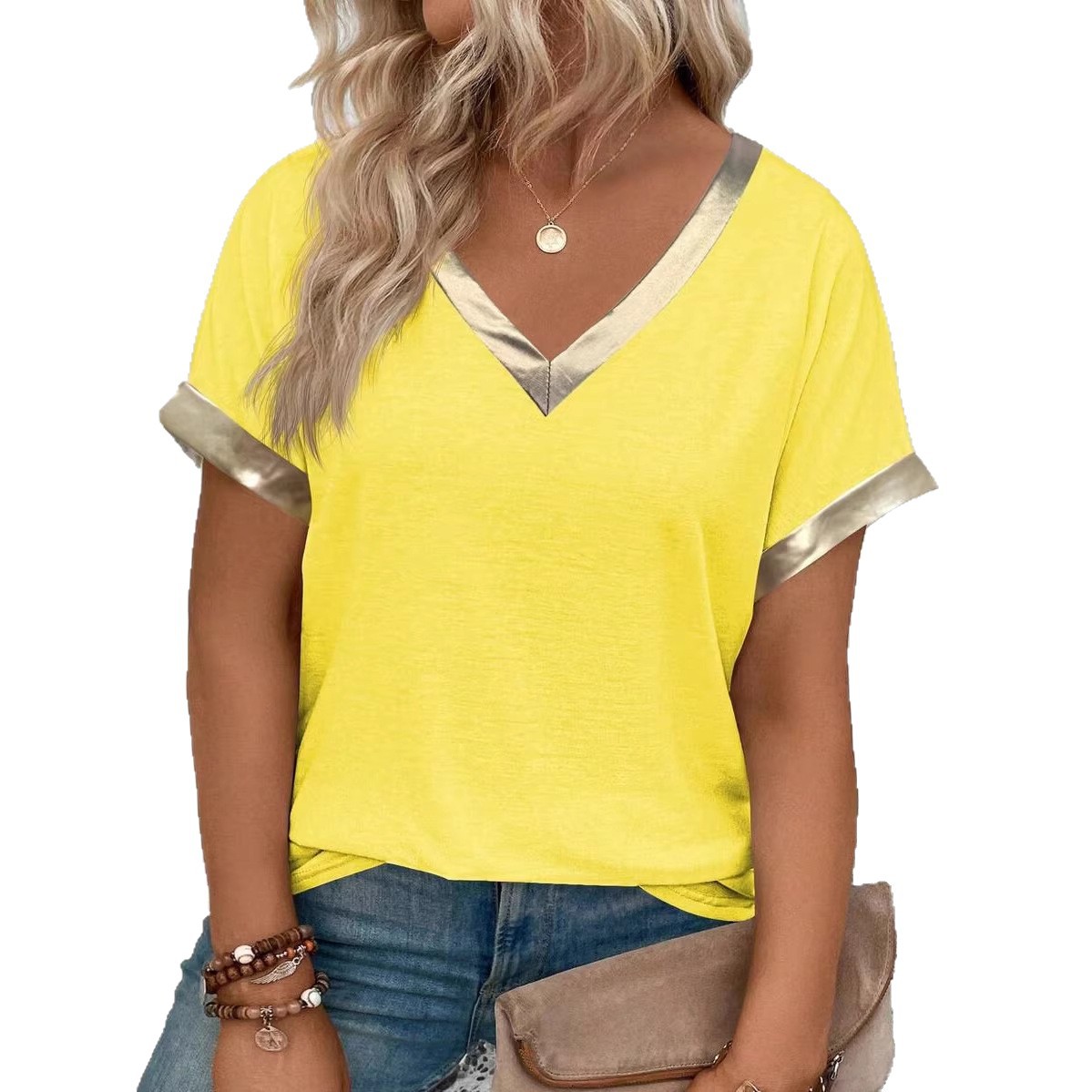 Gradient Heart Print V-Neck Short Sleeve Loose Women's Top
