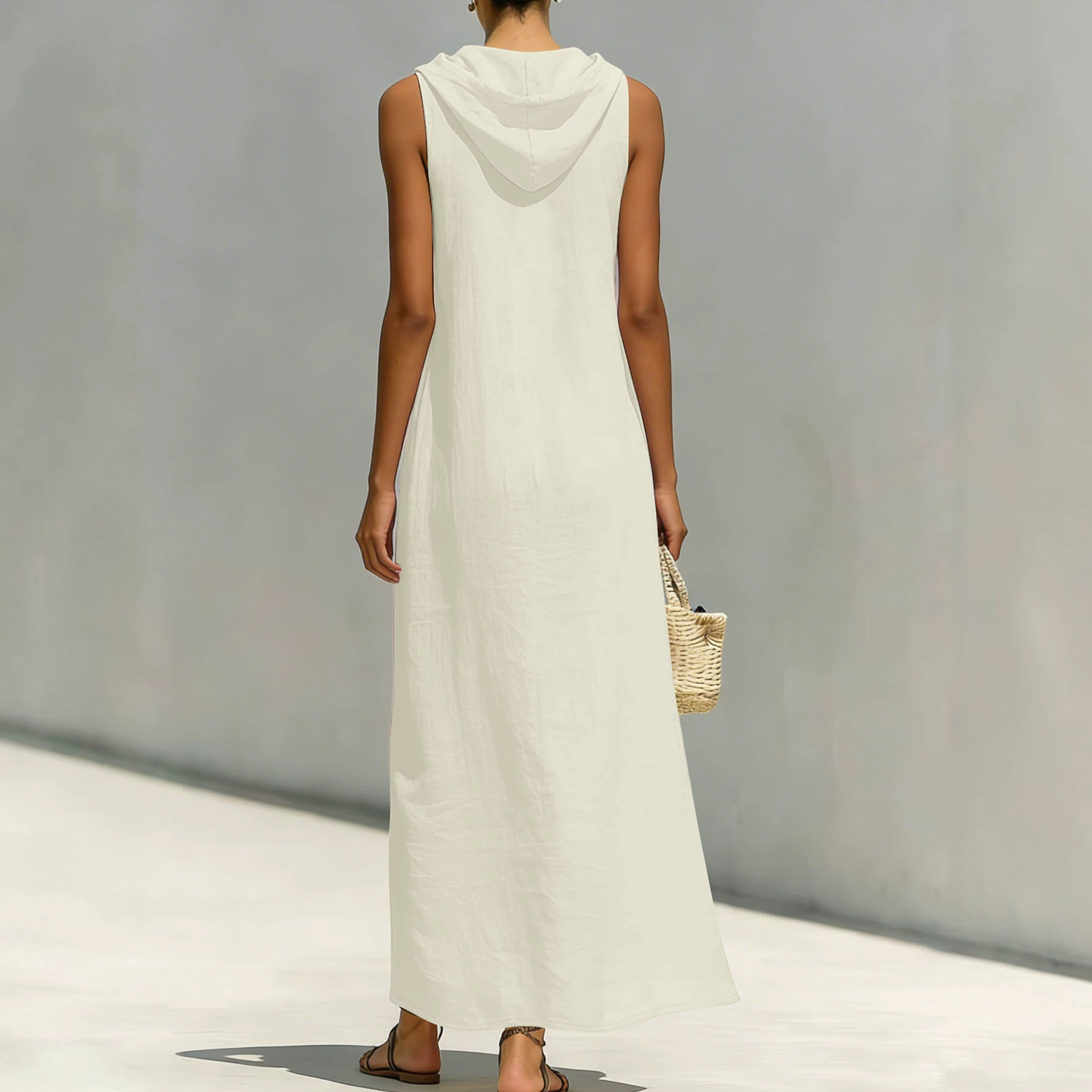 Solid Hooded Sleeveless Dress with Button-Front Cardigan