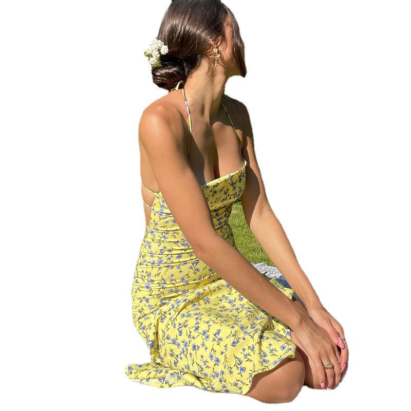 Floral Sleeveless Slit Backless Bodycon Dress