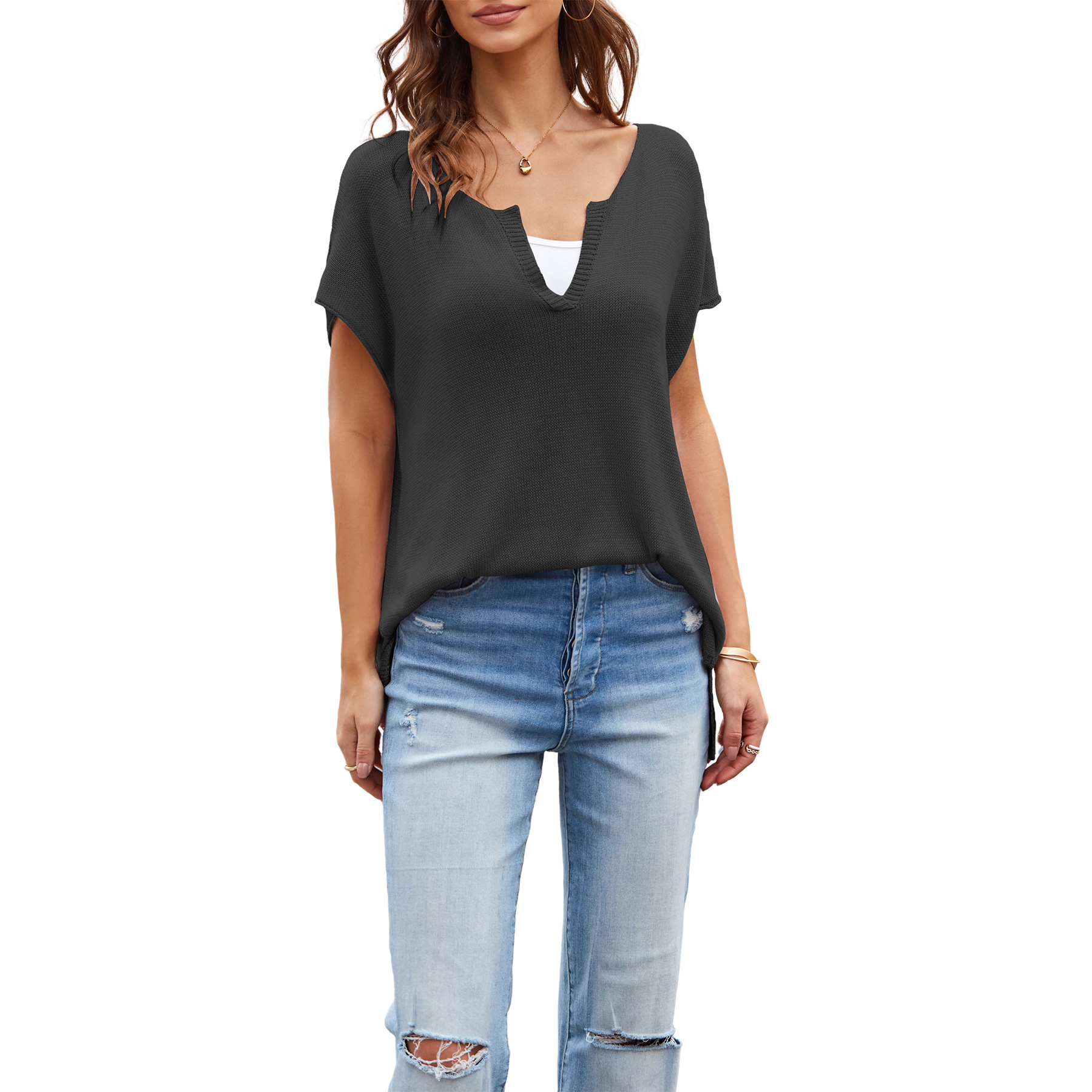 V-Neck Slit Short-Sleeve Loose Plus-Size Pullover Knit Top